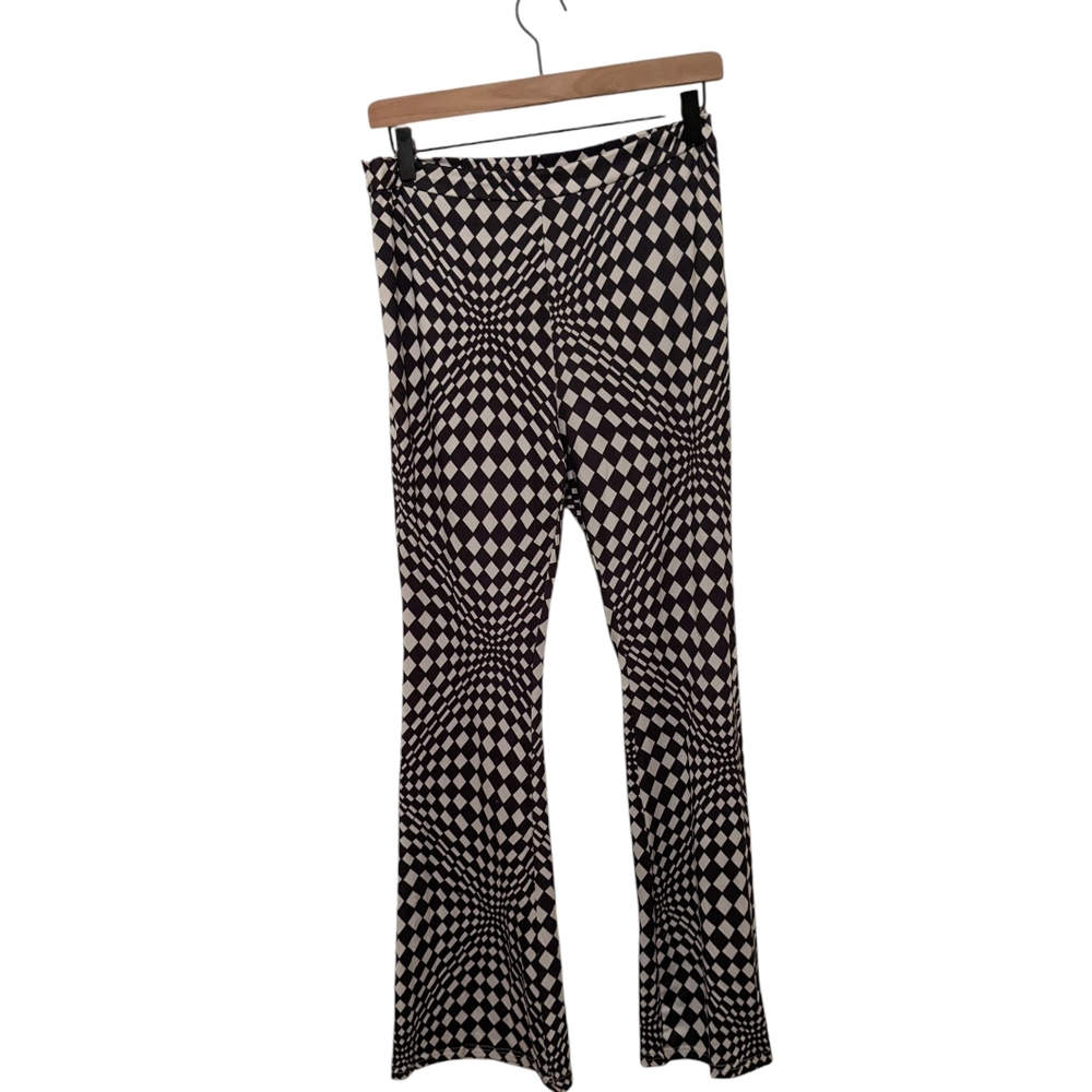 Black White Checkered Print Pants Flare Leg Stretchy Women's Size XS